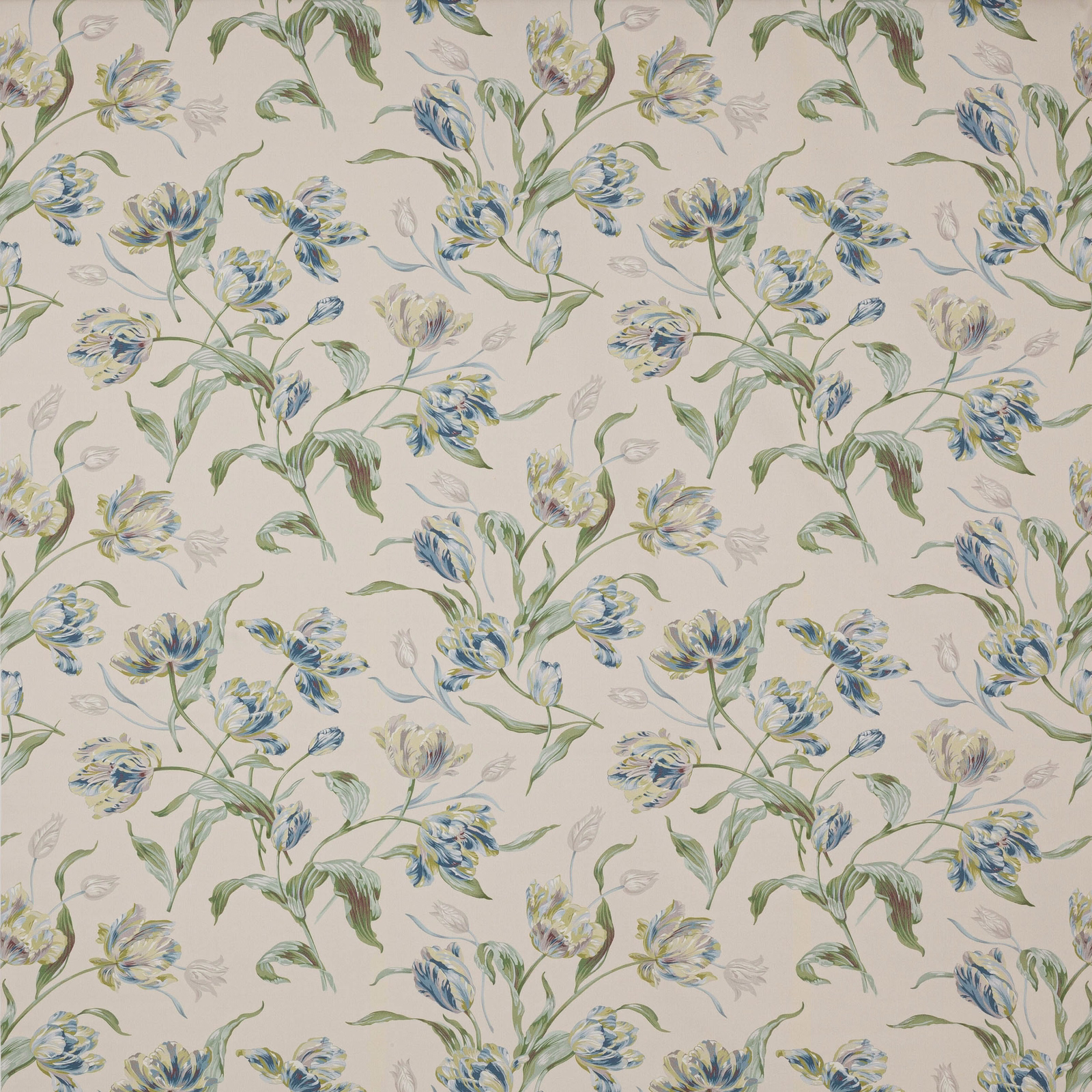 Pale floral cotton with blue-green blossoms and trailing green stems on ivory