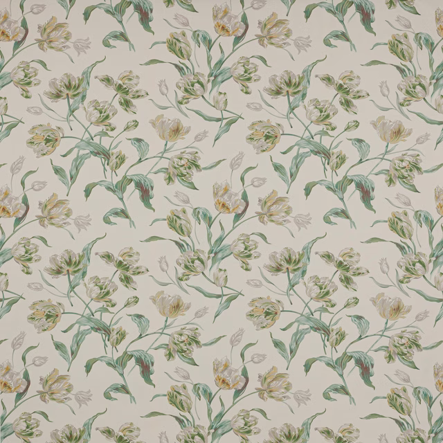 Ivory floral cotton fabric with trailing green botanical stems
