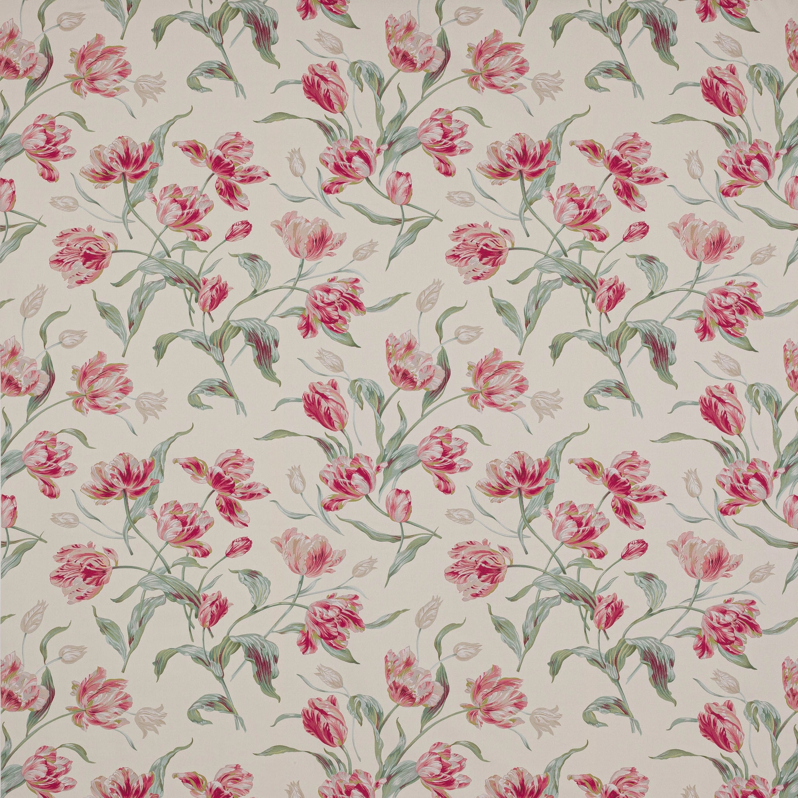 Painterly pink and green floral cotton fabric on an ivory ground