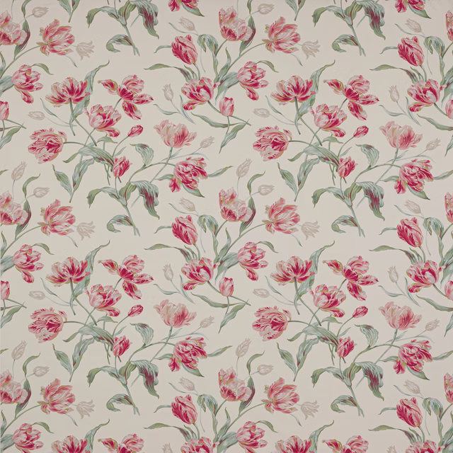 Painterly pink and green floral cotton fabric on an ivory ground
