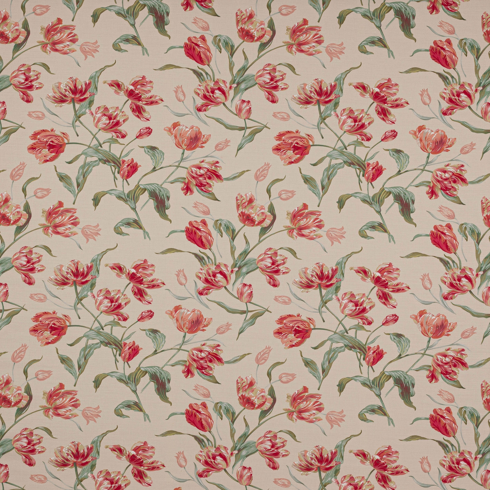 Cream floral fabric with tomato-red tulips and forest green stems