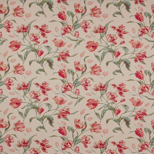 Cream floral fabric with tomato-red tulips and forest green stems