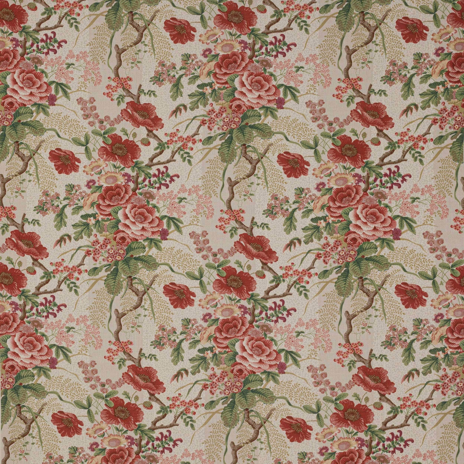 Pale-ground floral linen with tree poppy red blooms and forest-green foliage
