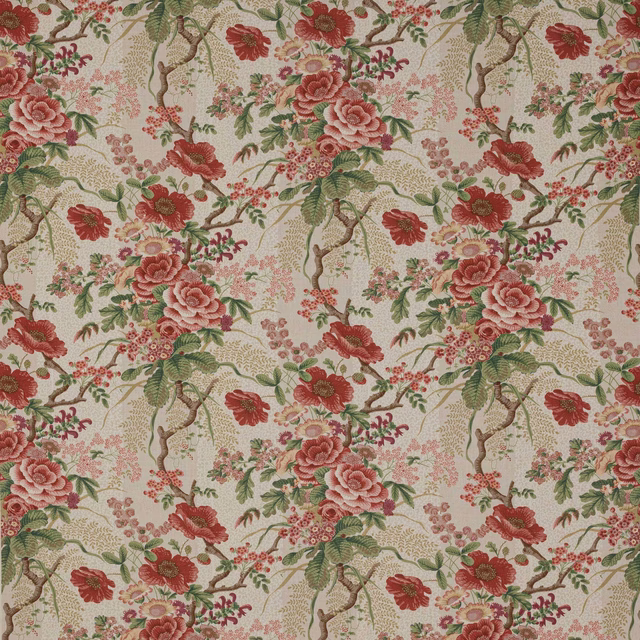Pale-ground floral linen with tree poppy red blooms and forest-green foliage