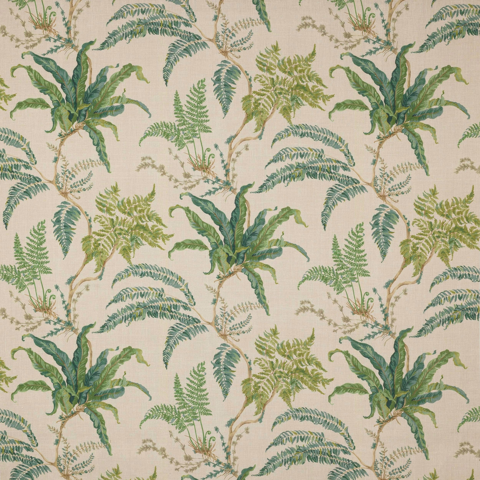 Forest and sage fern motif on a cream linen ground