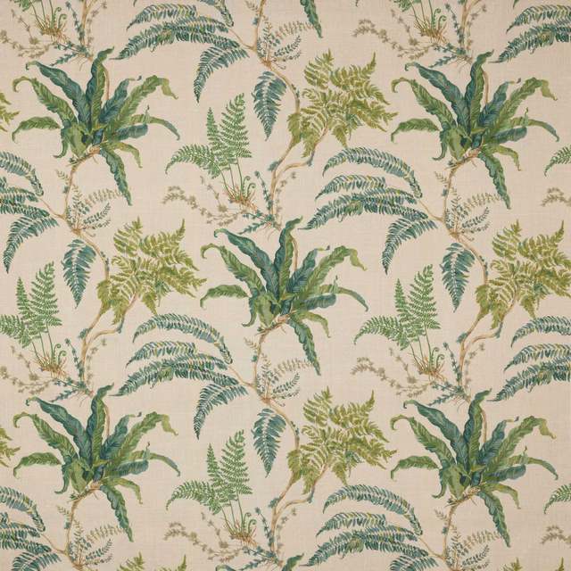 Forest and sage fern motif on a cream linen ground