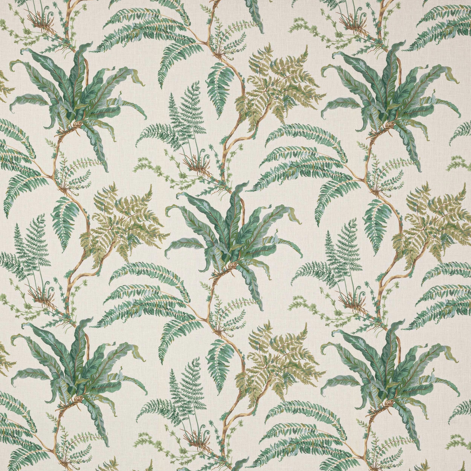 Fern and leaf pattern in teal, olive and moss green on a pale linen ground