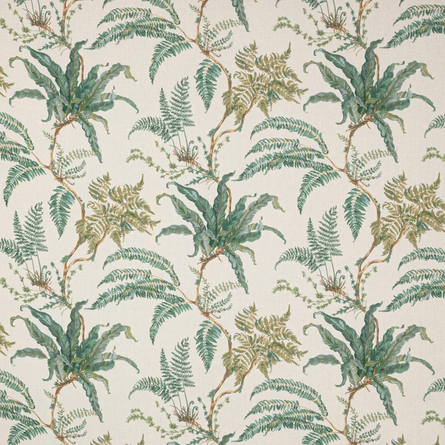 Fern and leaf pattern in teal, olive and moss green on a pale linen ground