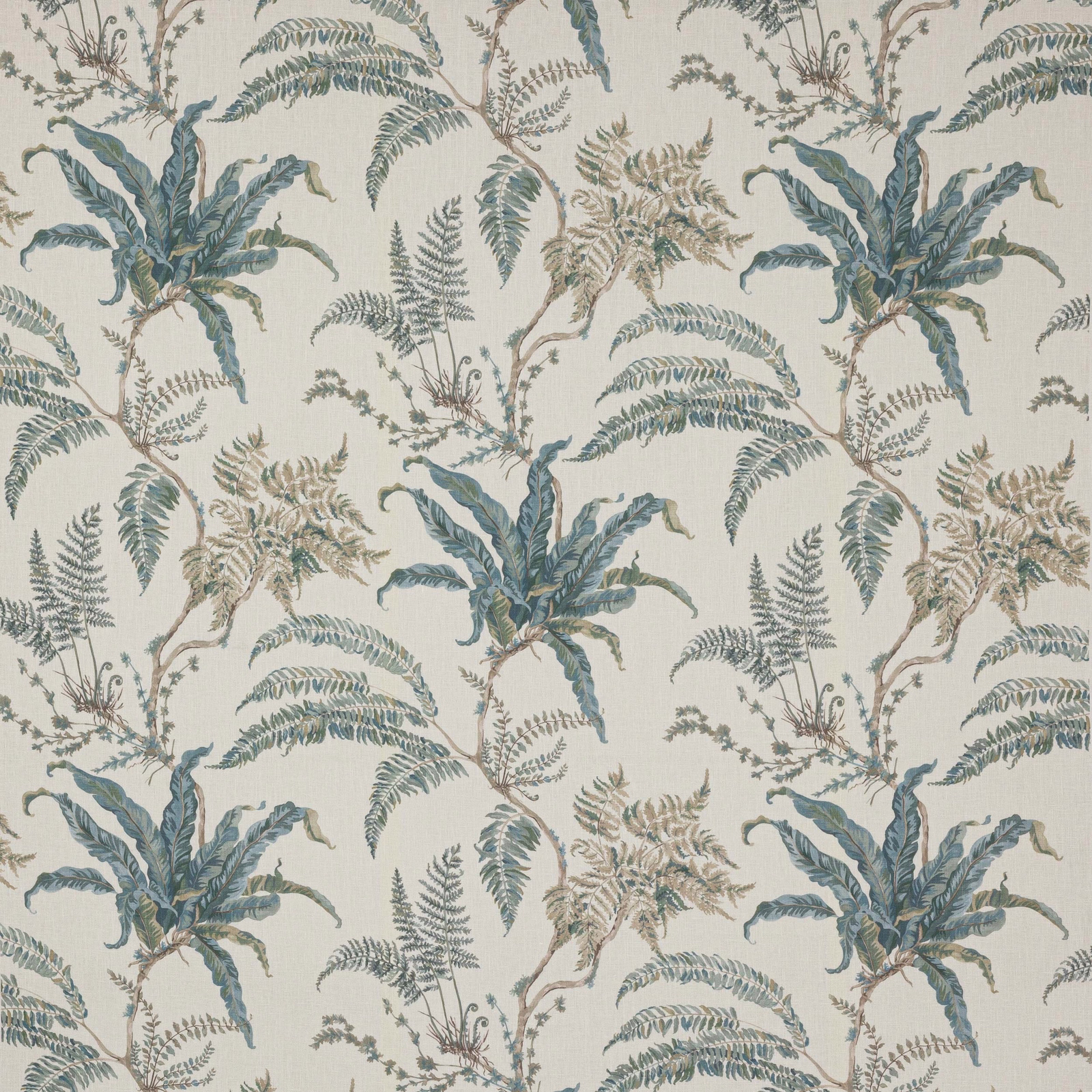 Large fern botanical print in muted old blue on pale linen ground