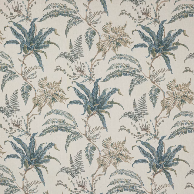 Large fern botanical print in muted old blue on pale linen ground