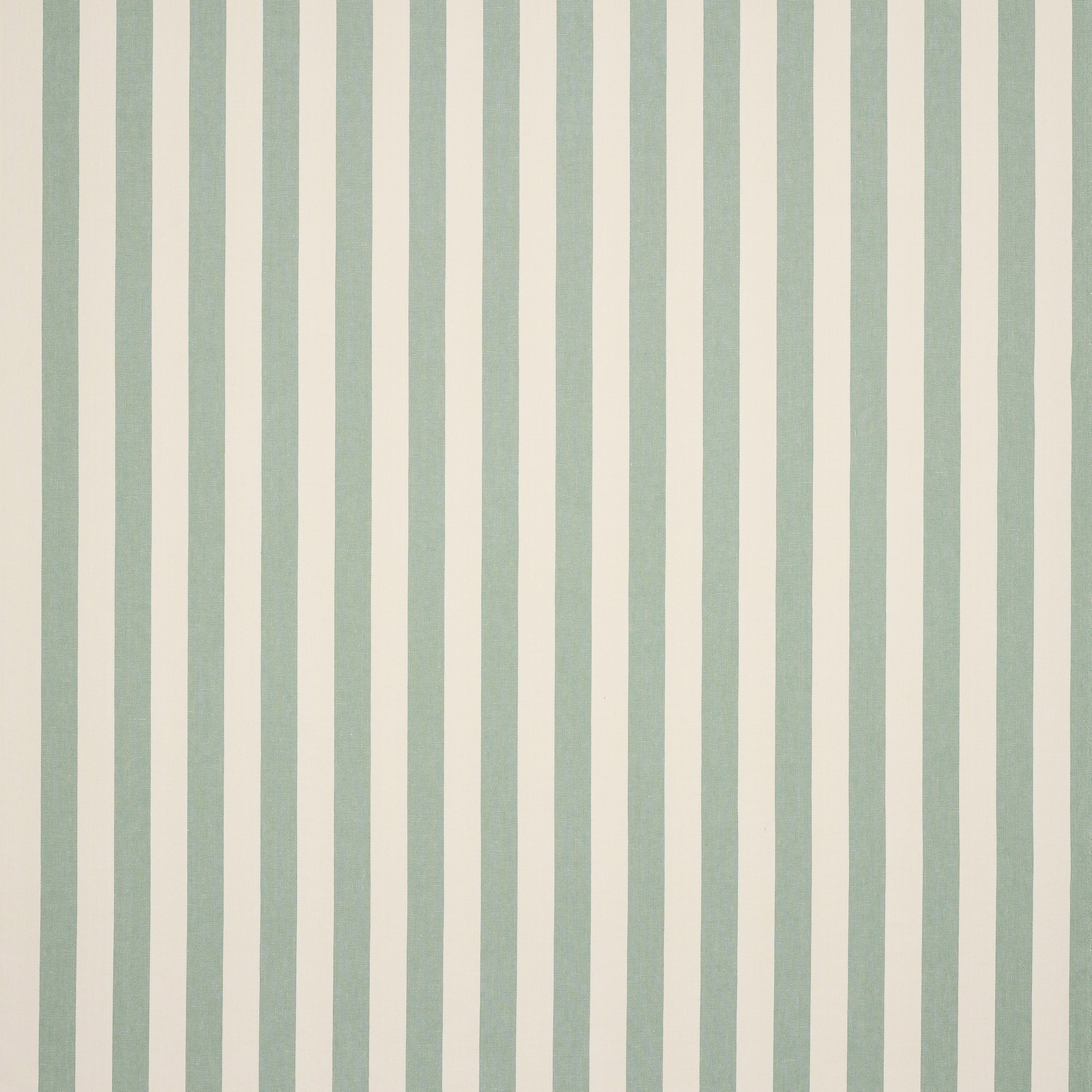 Vertical celadon and ivory striped linen fabric with a dry woven texture