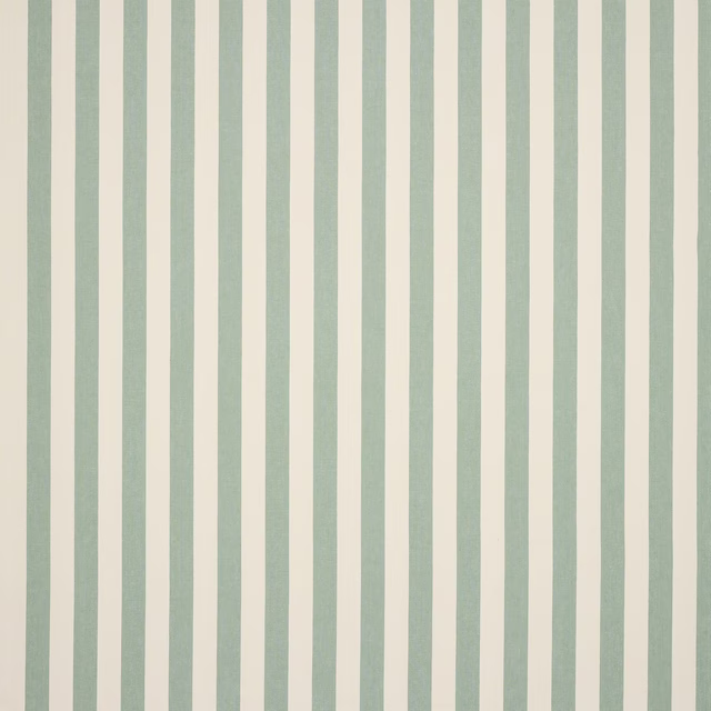 Vertical celadon and ivory striped linen fabric with a dry woven texture