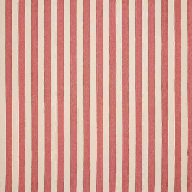 Vertical coral pink and cream striped linen fabric swatch