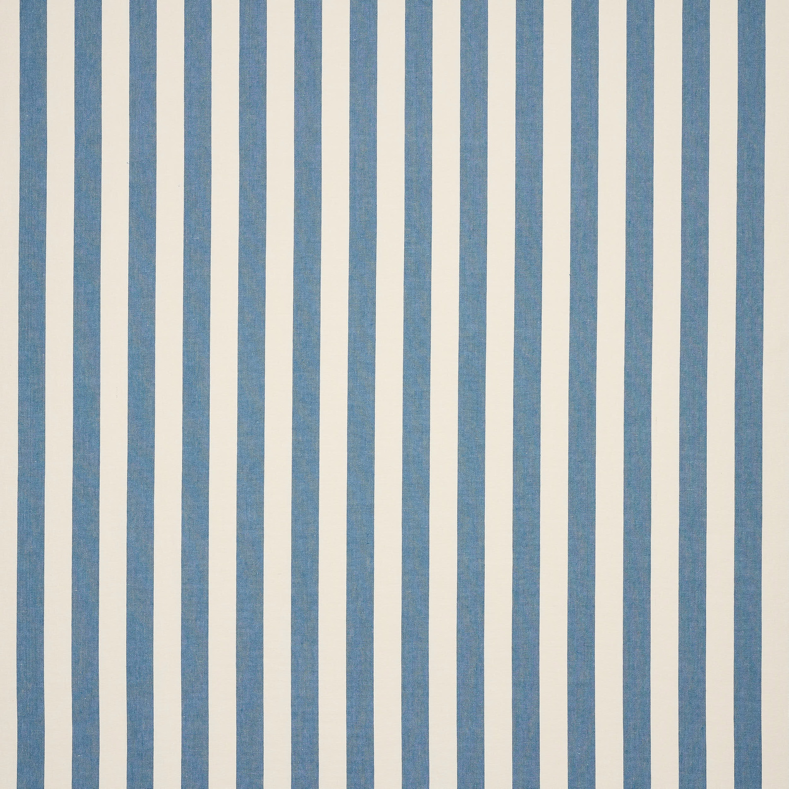Vertical blue and ivory striped linen swatch with a fine woven texture