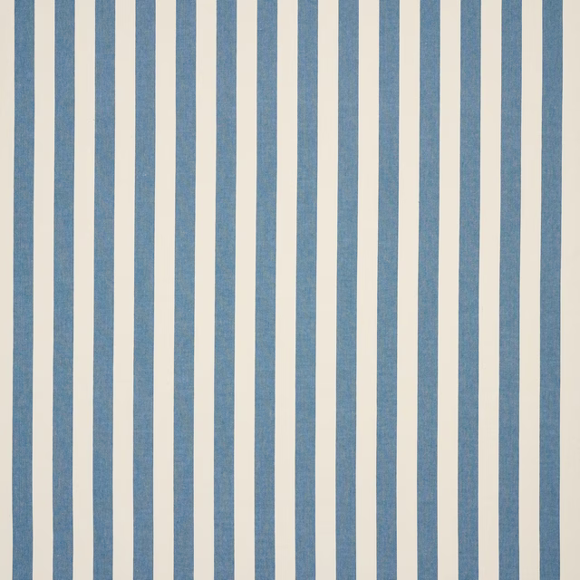 Vertical blue and ivory striped linen swatch with a fine woven texture