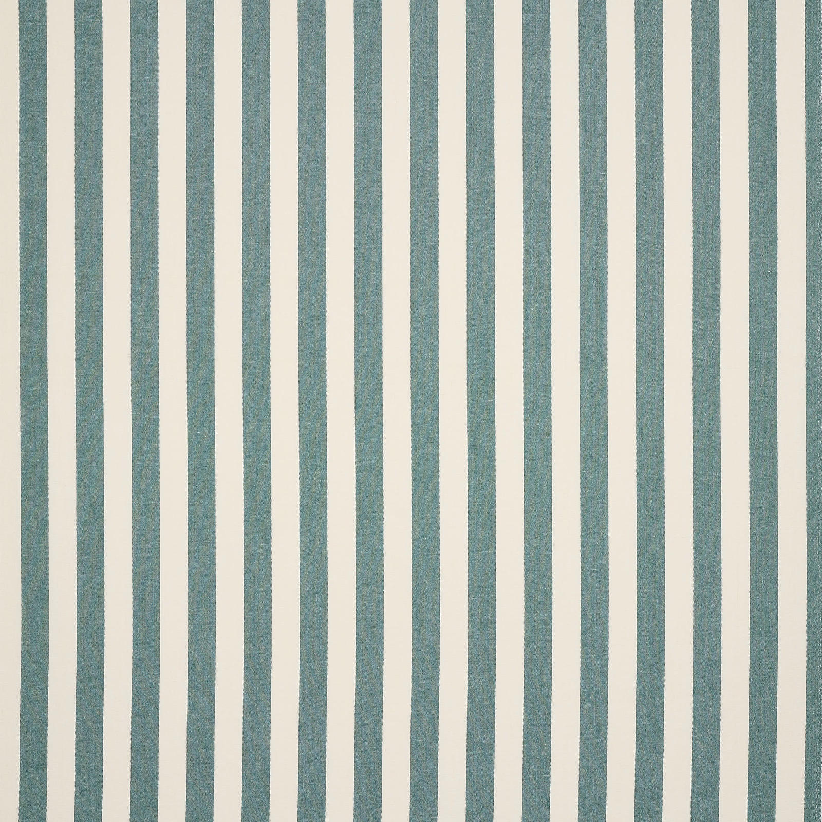 Vertical teal and ivory striped linen fabric with a fine natural weave