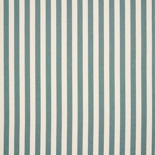 Vertical teal and ivory striped linen fabric with a fine natural weave