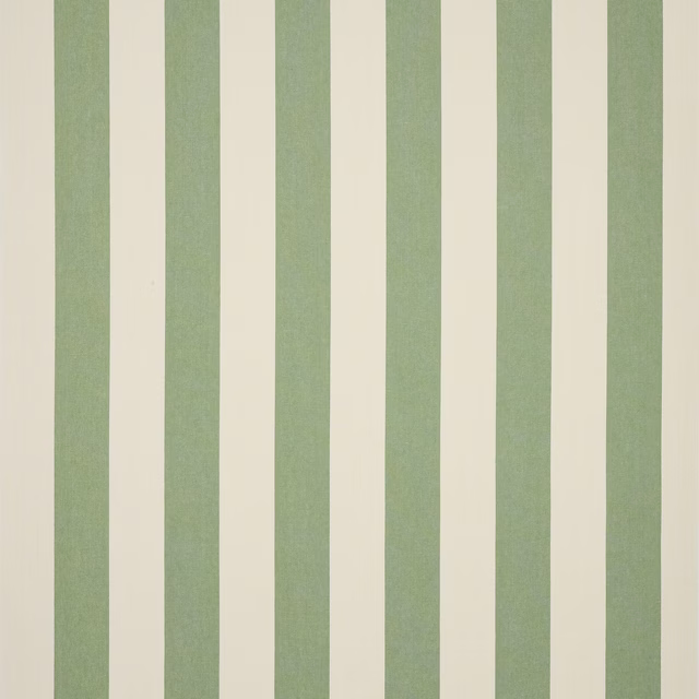 Vertical soft green and ivory striped linen fabric swatch