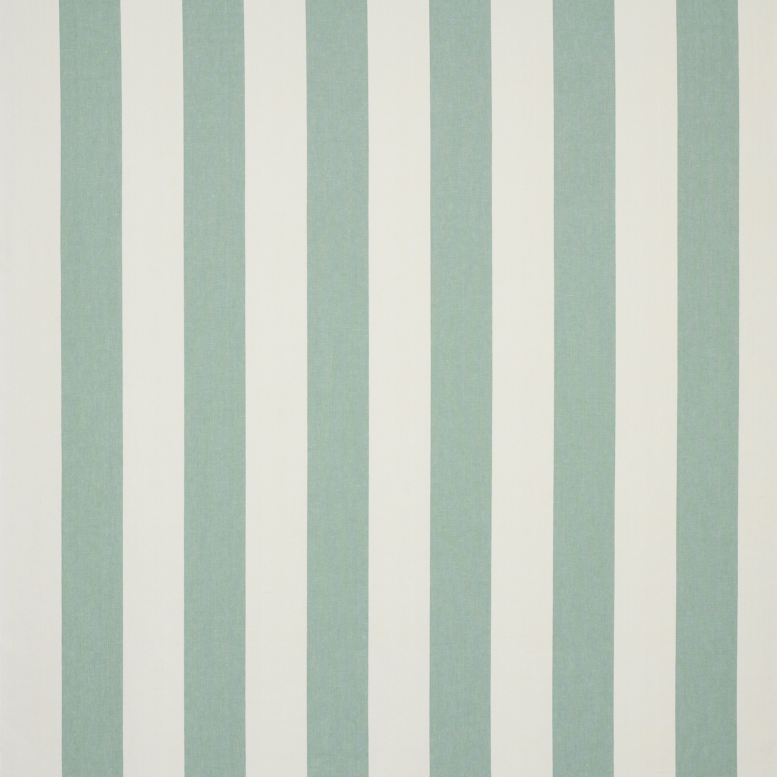 Vertical celadon green and ivory striped linen fabric with a fine natural weave
