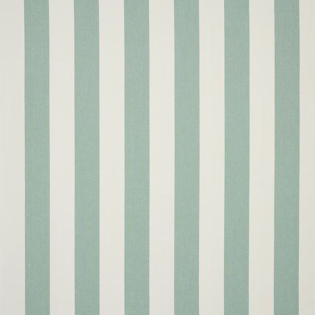 Vertical celadon green and ivory striped linen fabric with a fine natural weave