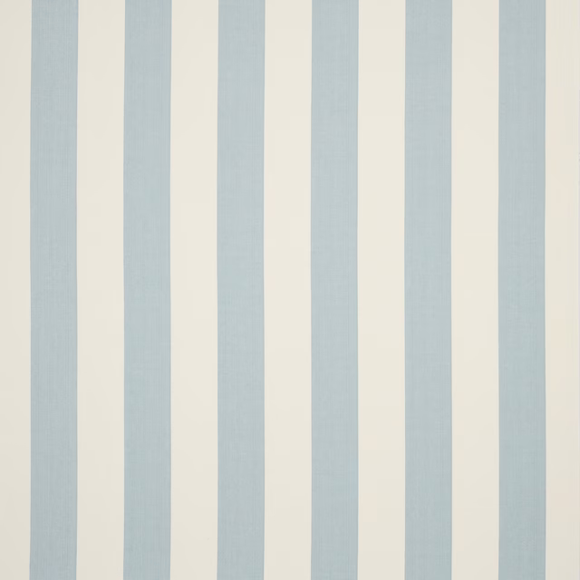 Pale blue and cream vertical striped linen fabric with a matte woven texture