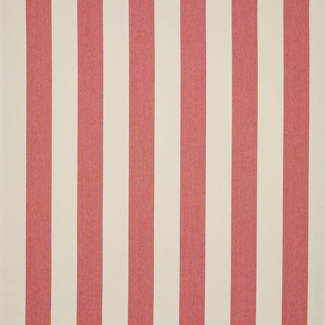 Coral pink and cream vertical stripe linen fabric swatch