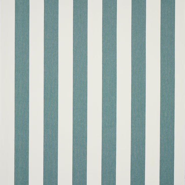 Vertical soft teal stripes on an ivory linen ground, with a dry woven texture