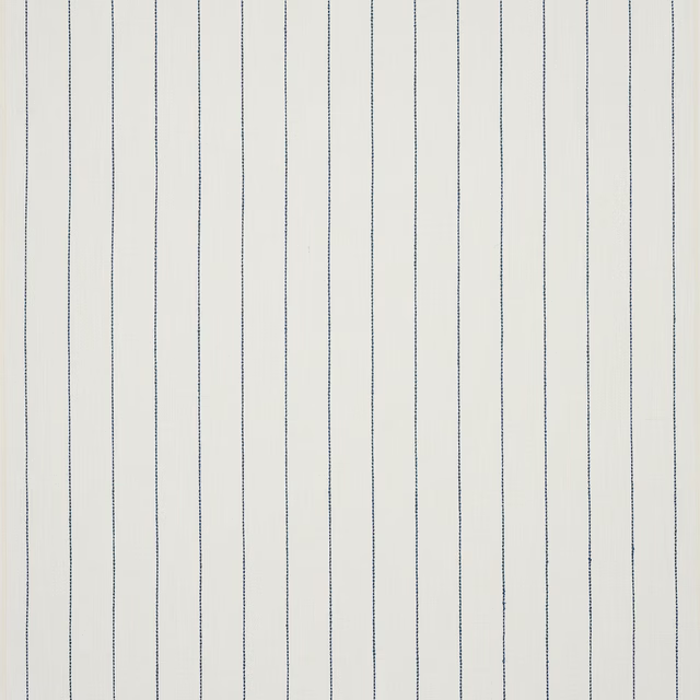 Soft white striped fabric with fine indigo pinstripes and a linen-textured weave