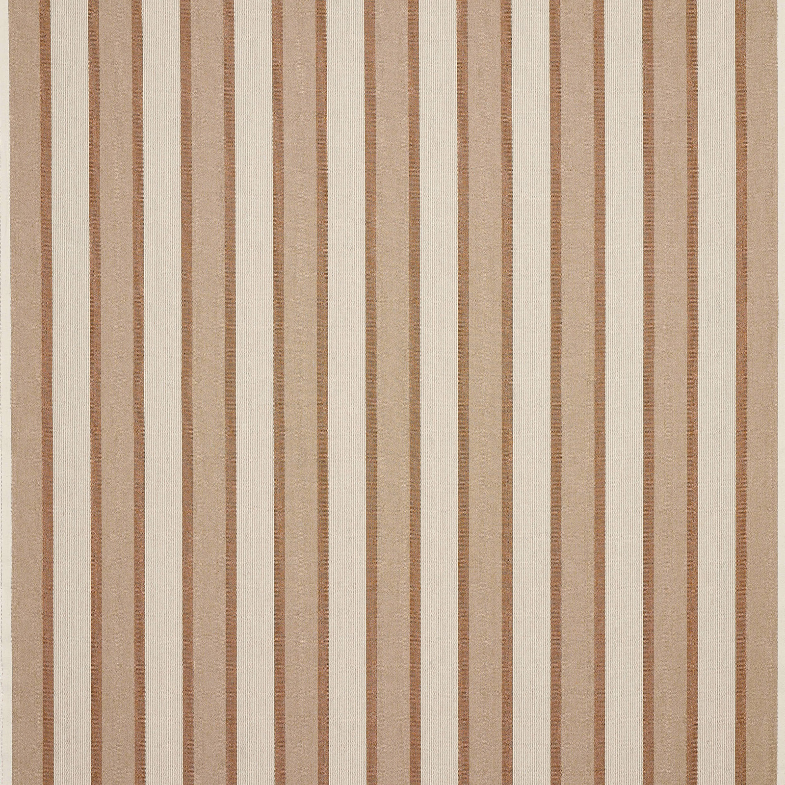 Vertical camel and cream striped fabric with a soft woven linen texture