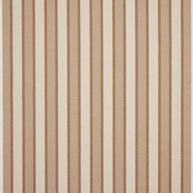 Vertical camel and cream striped fabric with a soft woven linen texture
