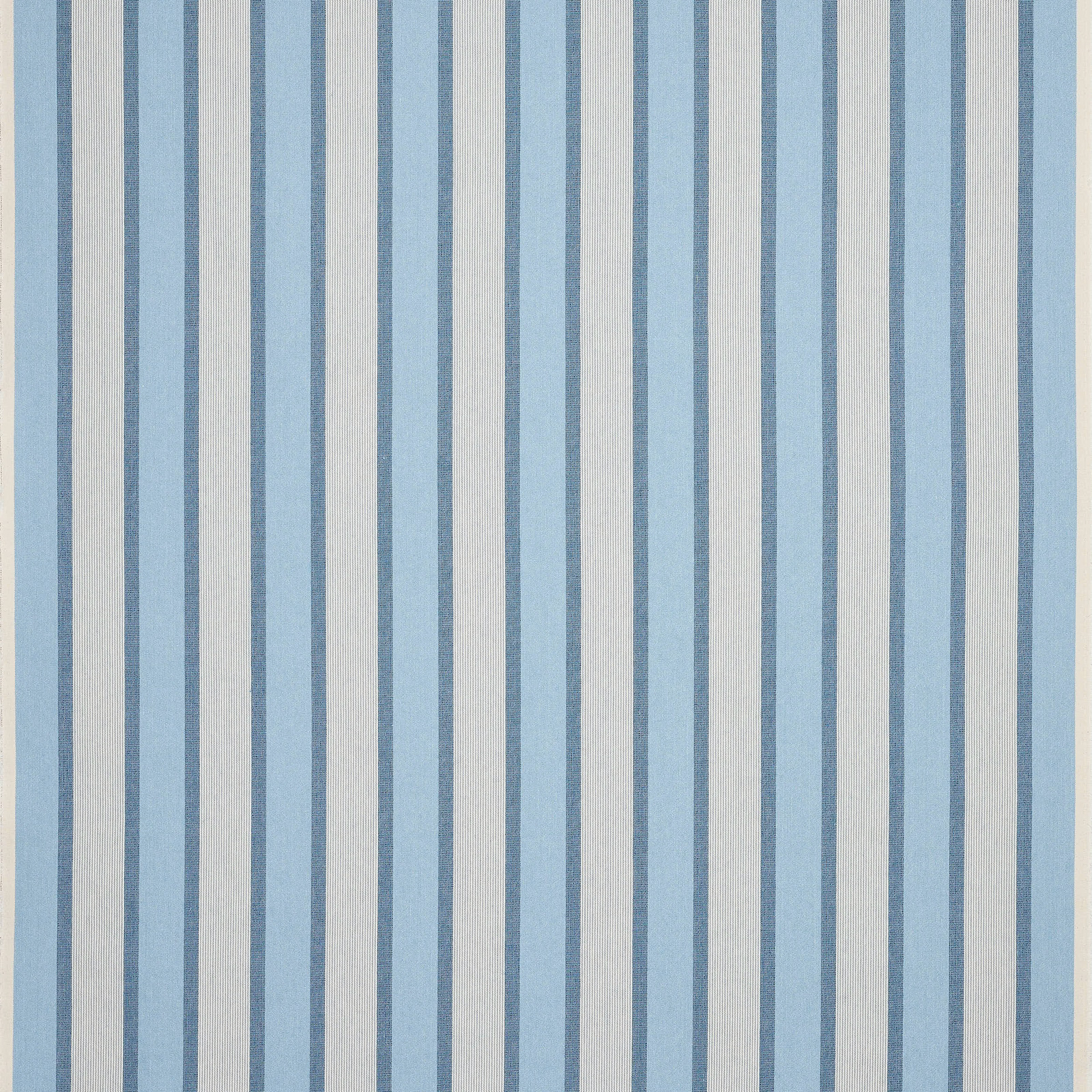 Vertical pale blue and ivory striped fabric swatch with fine woven texture
