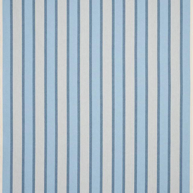 Vertical pale blue and ivory striped fabric swatch with fine woven texture