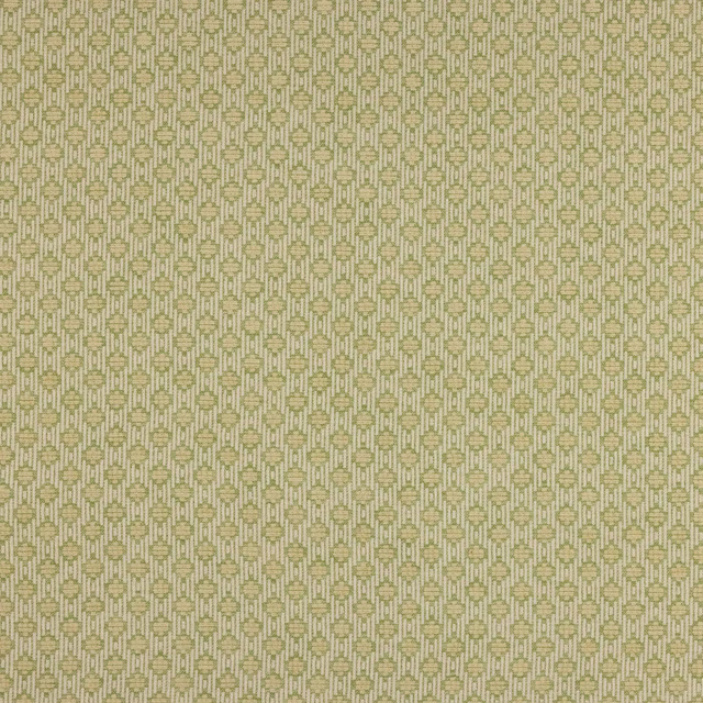 Small geometric fabric in soft moss green with a pale background weave