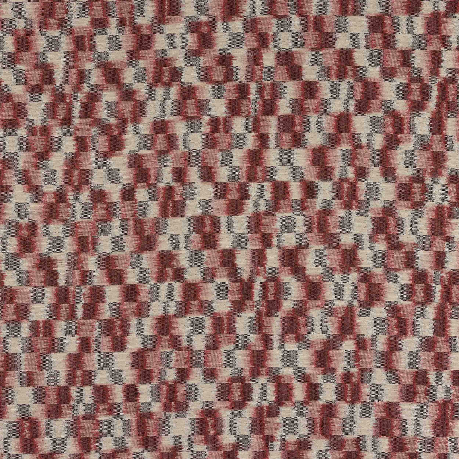 Close-up of a small-scale woven fabric in brick red, cream and grey blocks