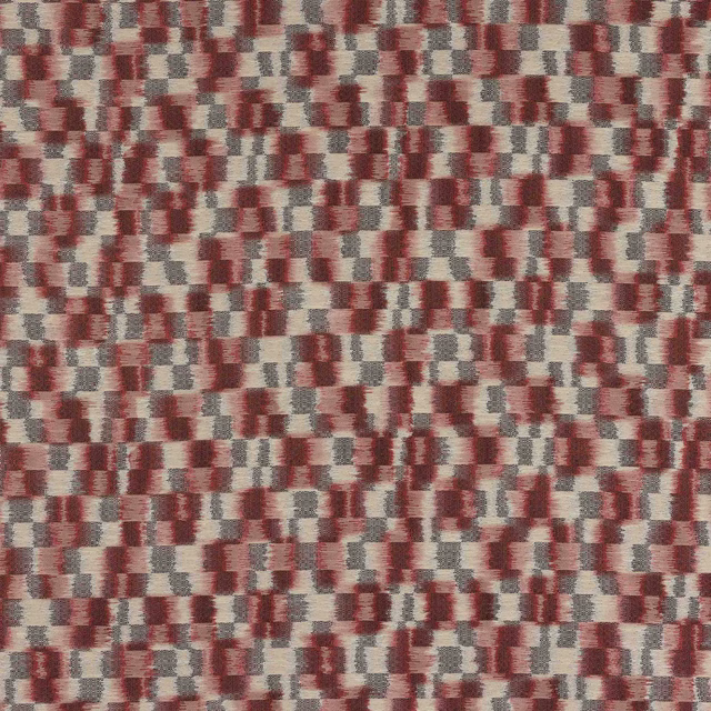 Close-up of a small-scale woven fabric in brick red, cream and grey blocks