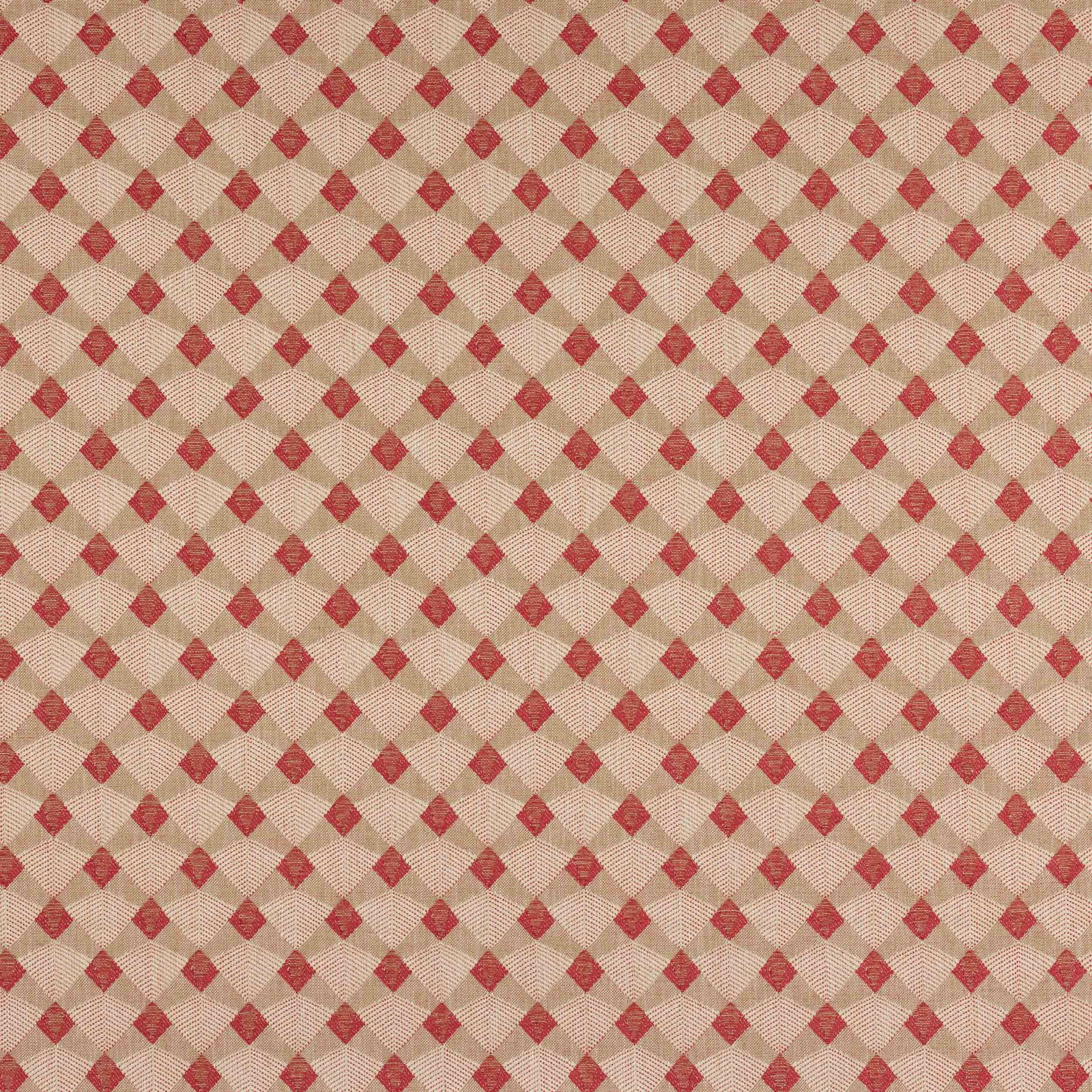 Small red diamond lattice woven across a beige textured fabric swatch