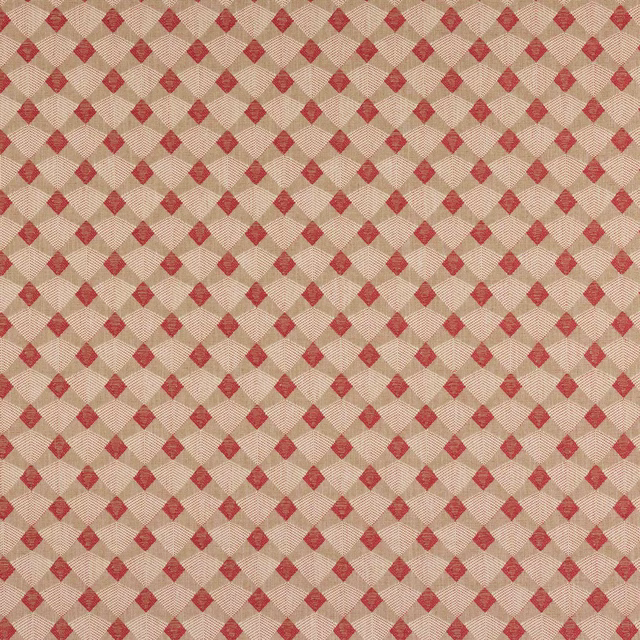 Small red diamond lattice woven across a beige textured fabric swatch