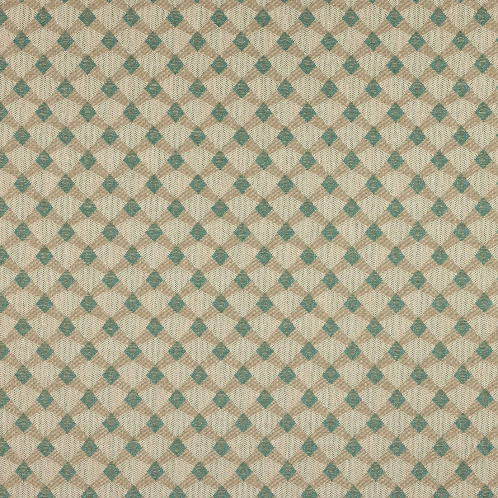 Beige fabric swatch with small teal diamond geometric weave pattern