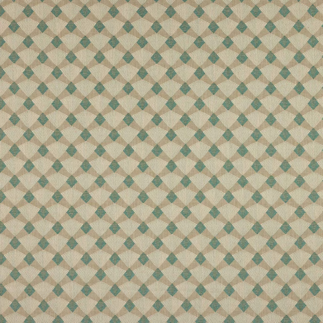 Beige fabric swatch with small teal diamond geometric weave pattern