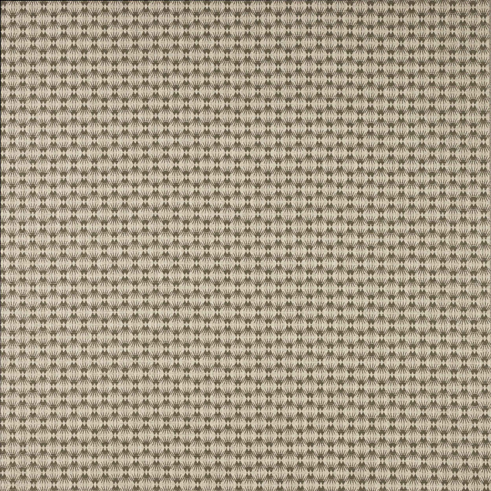 Close-up of a small geometric fabric pattern in dark grey on a pale beige ground