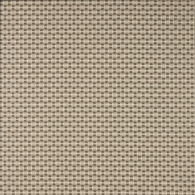 Close-up of a small geometric fabric pattern in dark grey on a pale beige ground