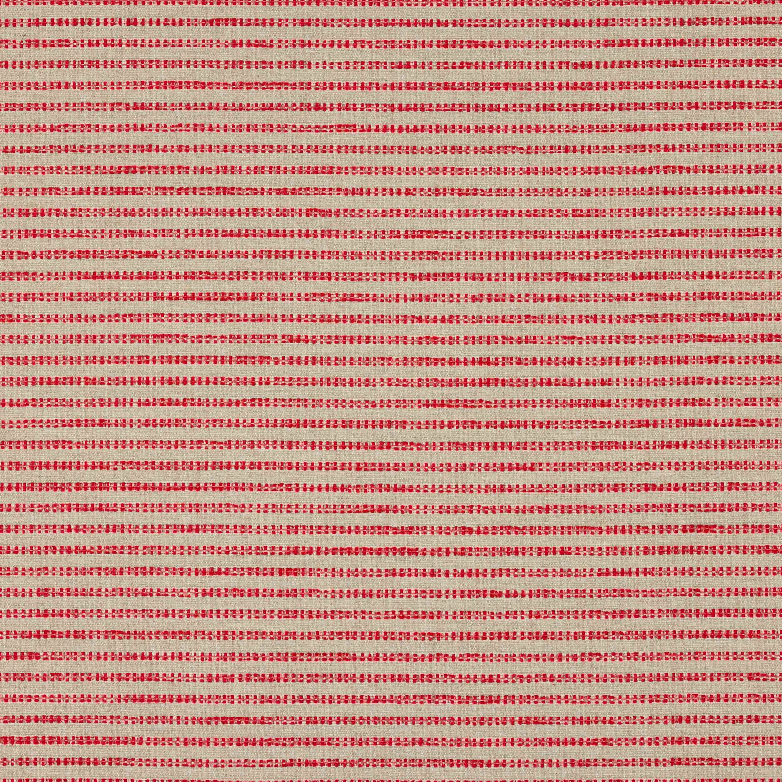 Close-up of a coral red horizontal stripe fabric on a warm neutral ground