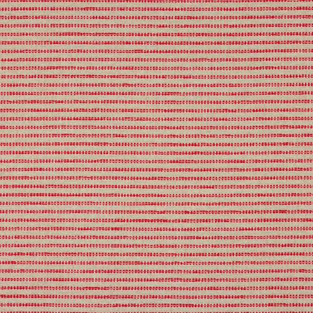 Close-up of a coral red horizontal stripe fabric on a warm neutral ground