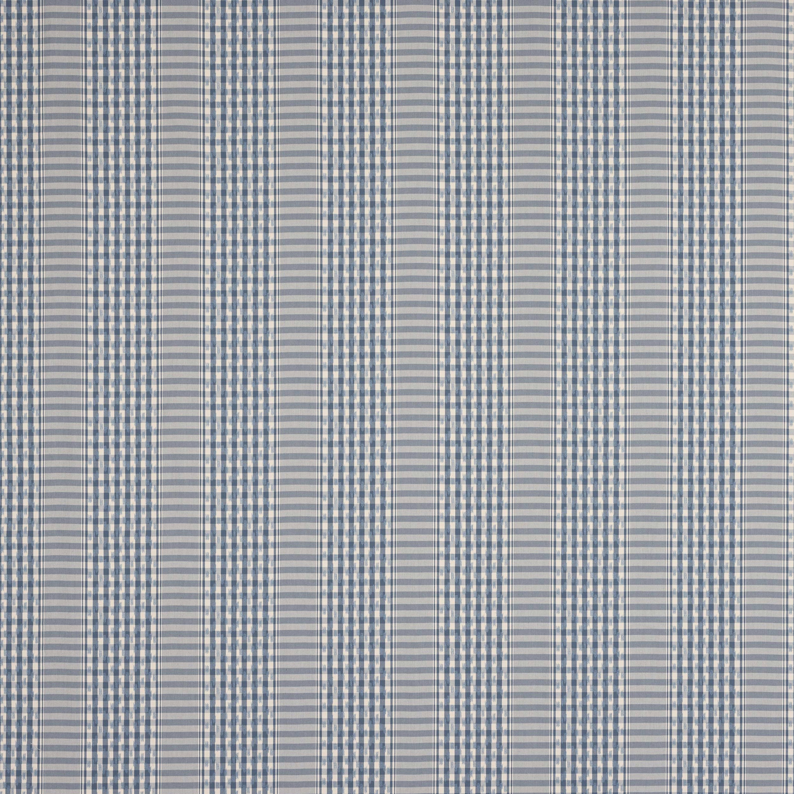 Blue and off-white cotton check fabric swatch with fine woven stripes