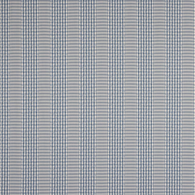 Blue and off-white cotton check fabric swatch with fine woven stripes