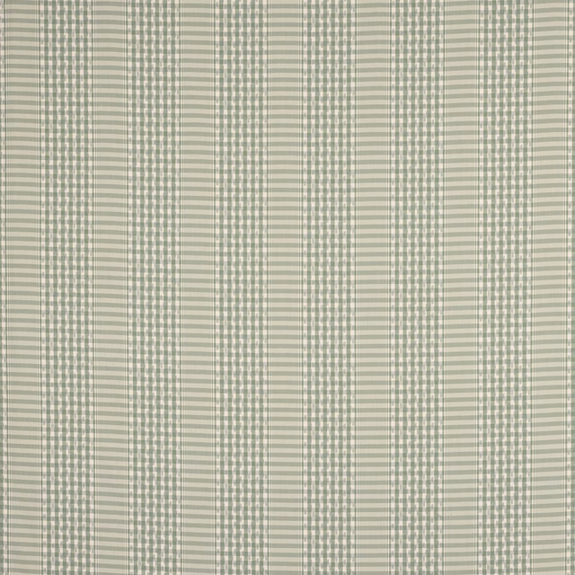 Soft sage and ivory cotton check fabric with narrow striped bands