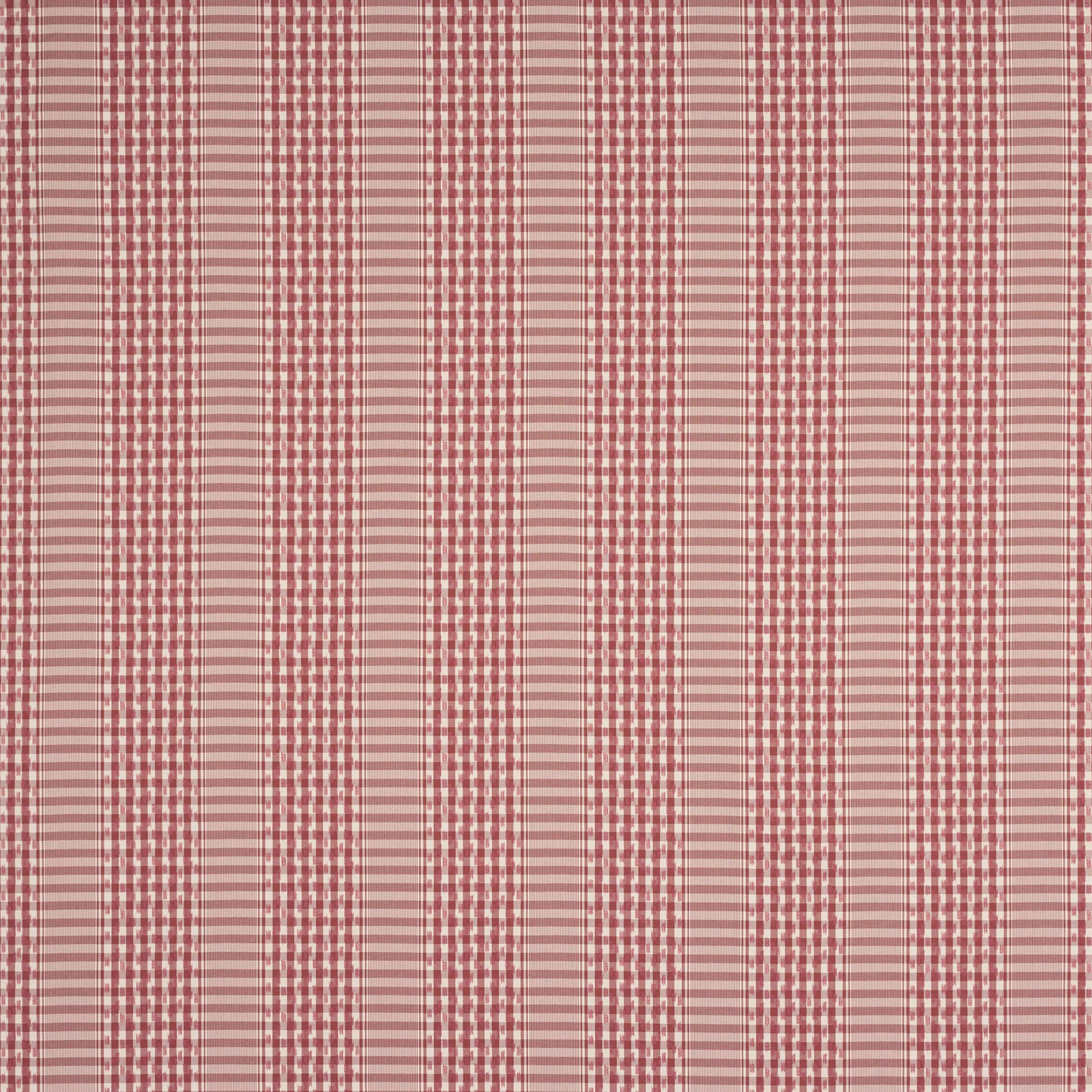 Close-up of a muted rose-red checked cotton fabric with narrow stripes