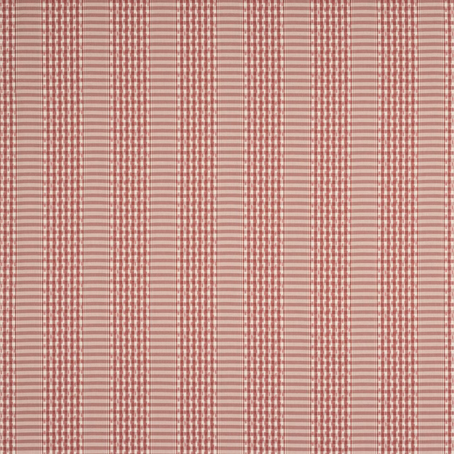 Close-up of a muted rose-red checked cotton fabric with narrow stripes