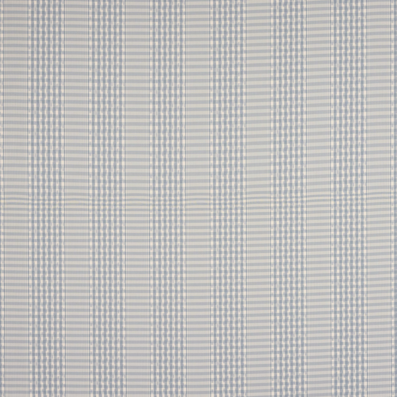 Pale sky blue and white woven check fabric with fine striped detail
