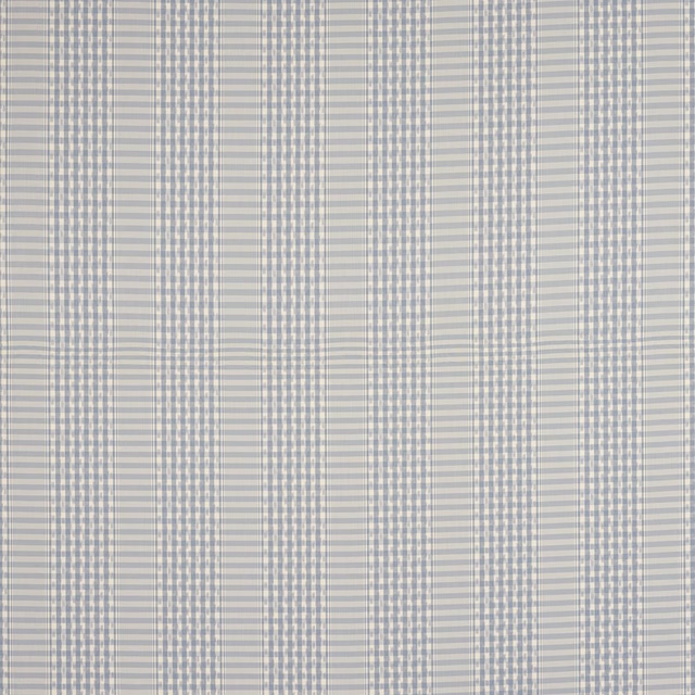 Pale sky blue and white woven check fabric with fine striped detail